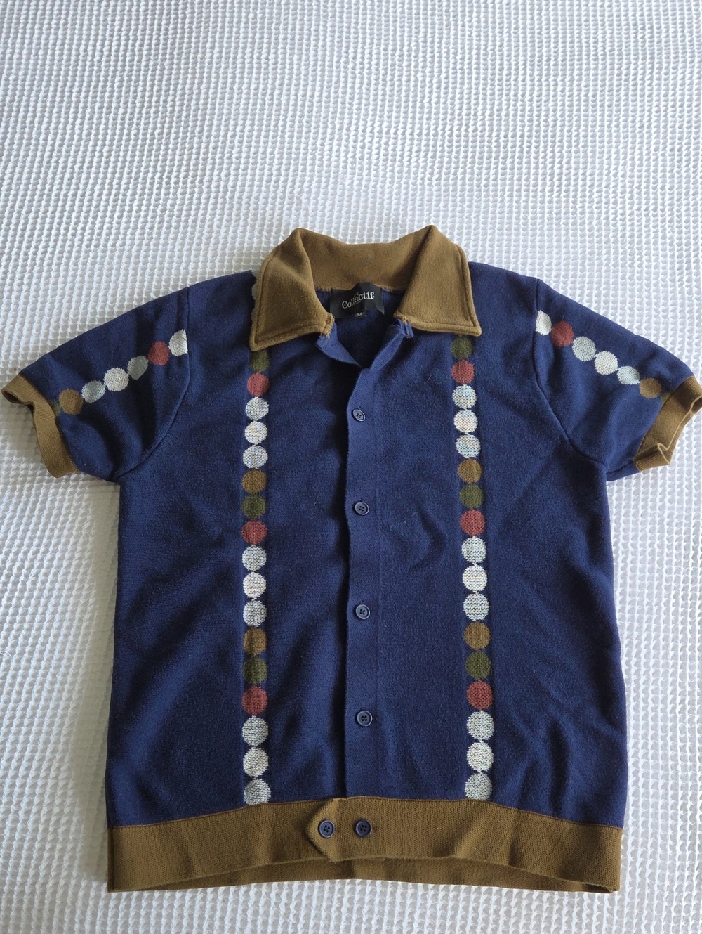Collectif Vintage Style Navy Knit Button-Up with Brown Collar